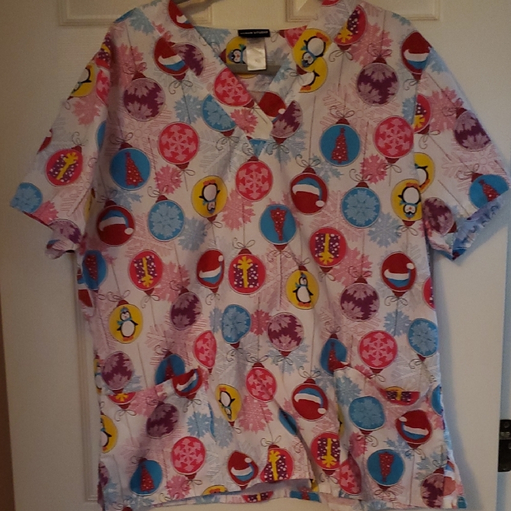 Colorful Cartoon Print Scrub Top